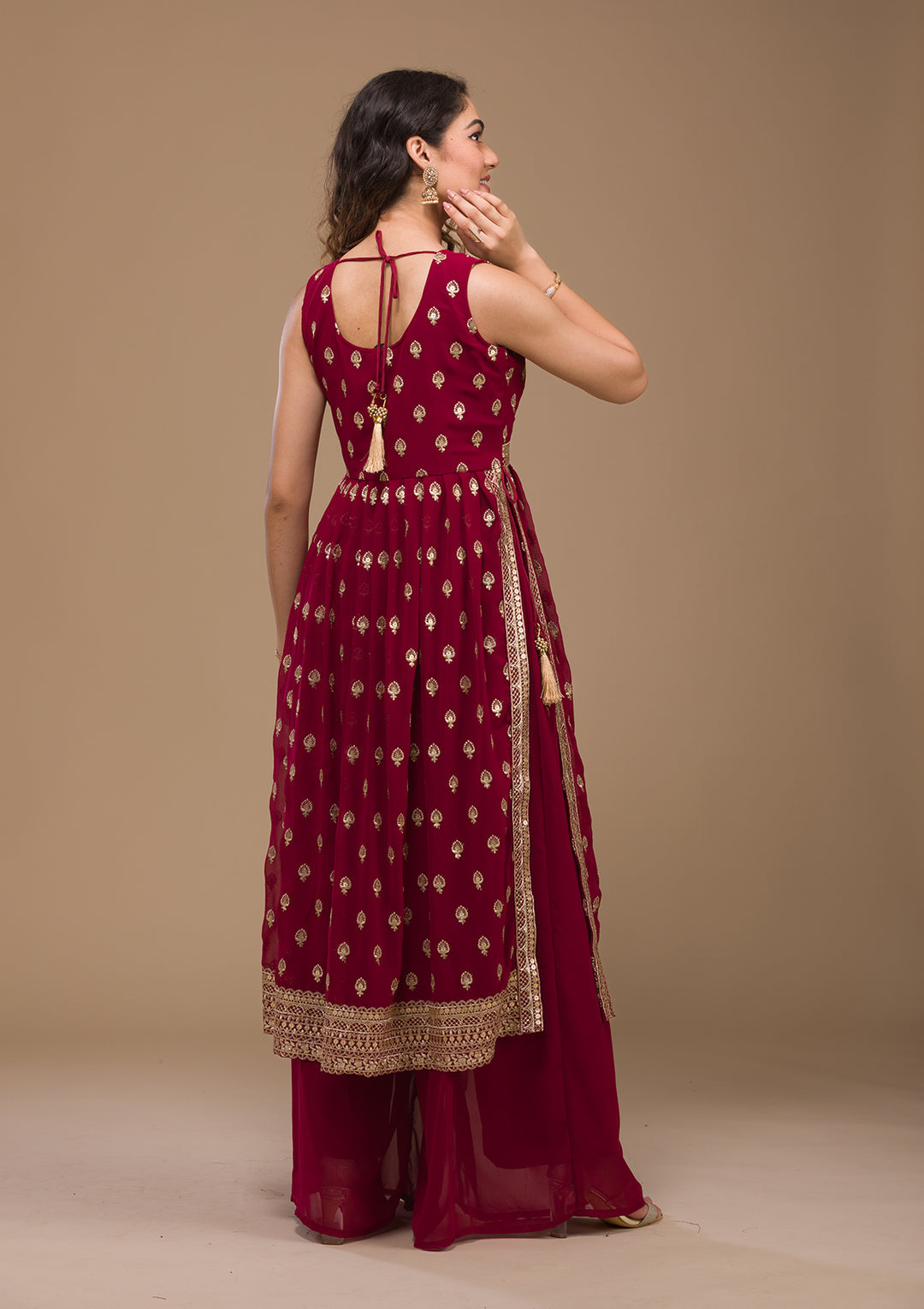 Maroon Zariwork Georgette Readymade Salwar Suit-Koskii