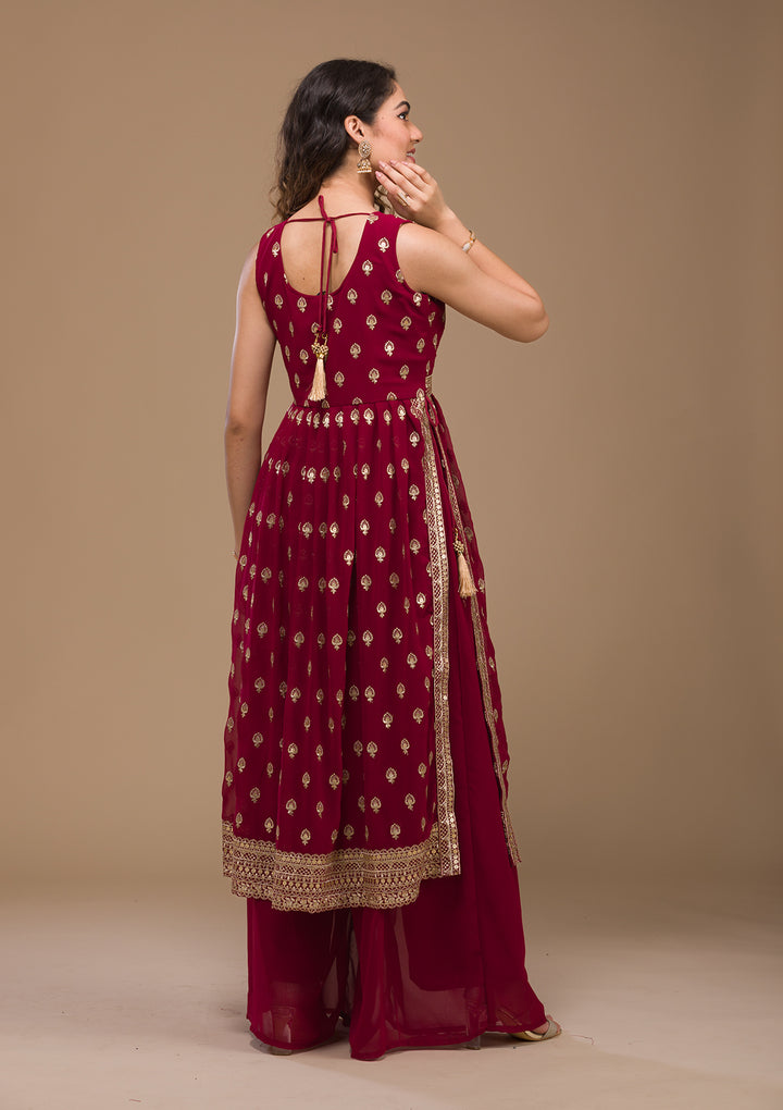 Maroon Zariwork Georgette Readymade Salwar Suit-Koskii