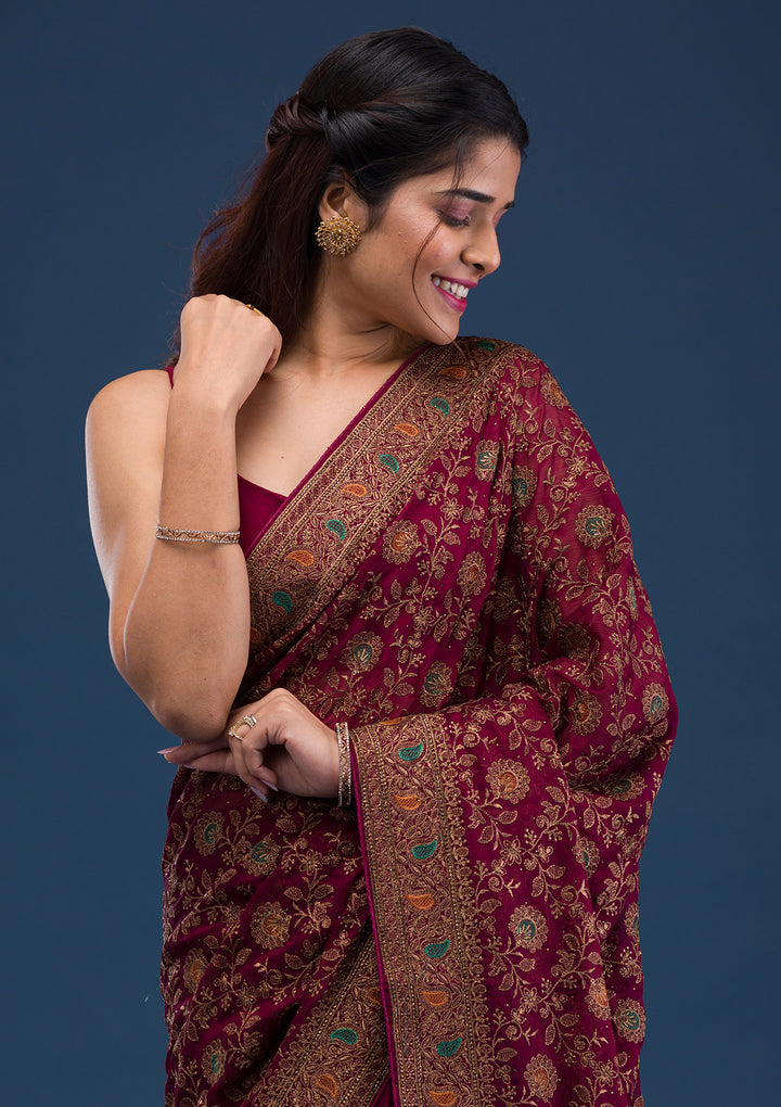 Maroon Zariwork Georgette Saree