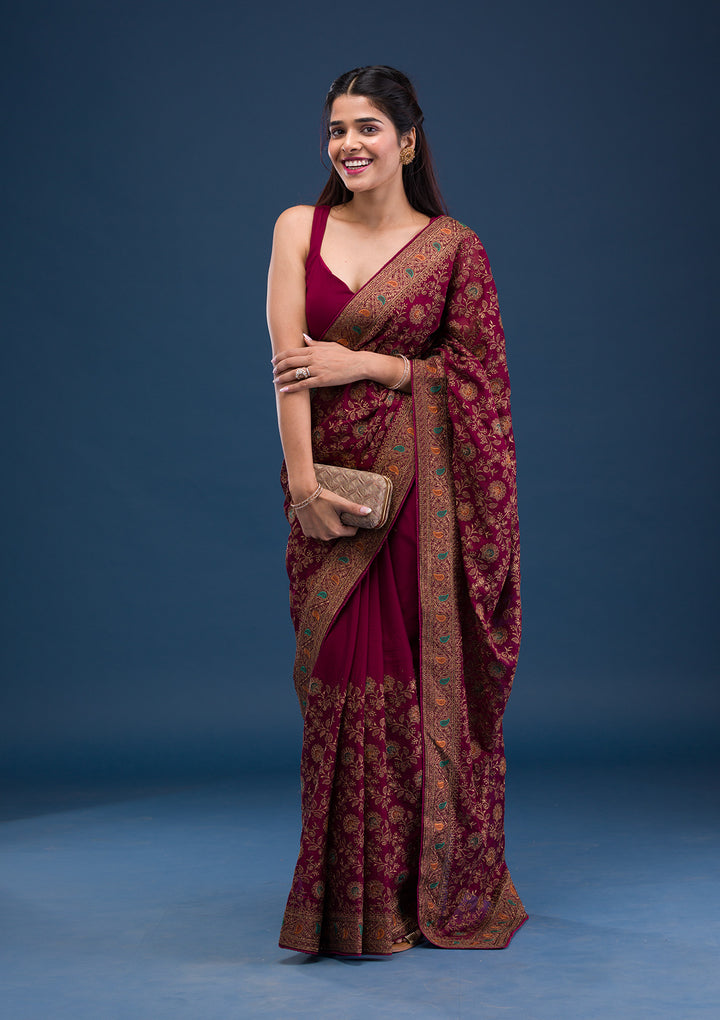 Maroon Zariwork Georgette Saree