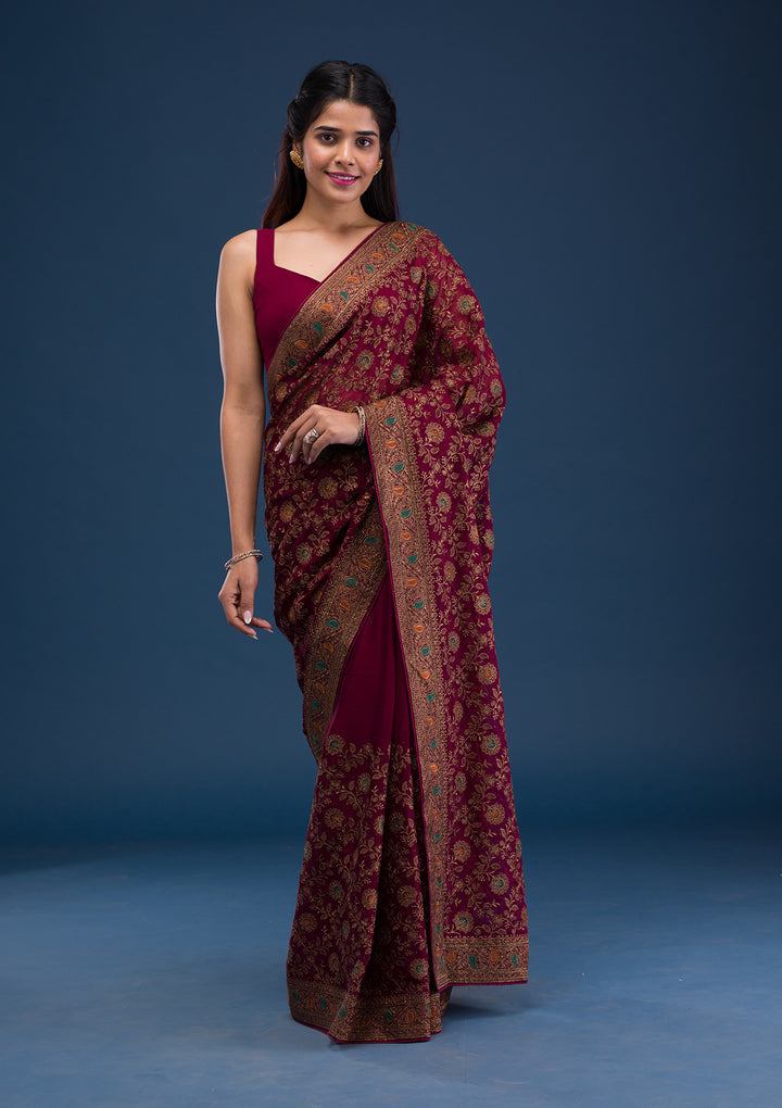 Maroon Zariwork Georgette Saree