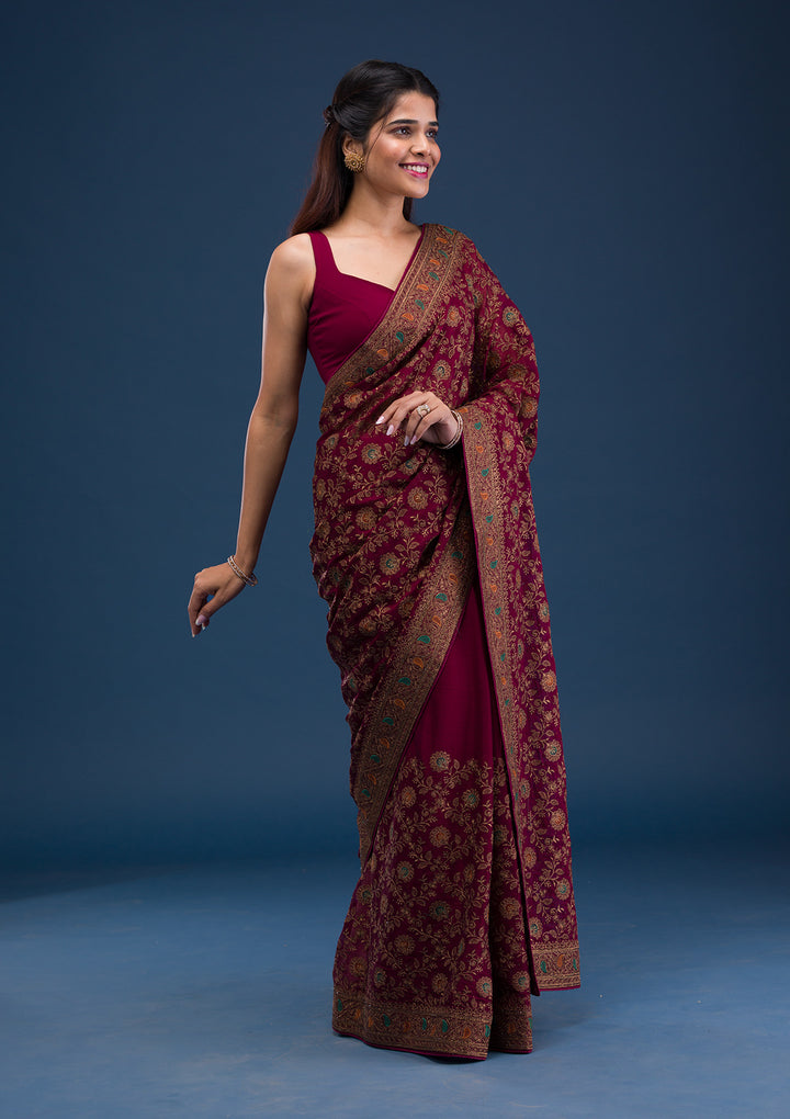 Maroon Zariwork Georgette Saree