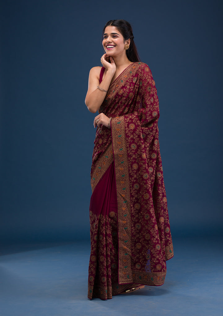 Maroon Zariwork Georgette Saree