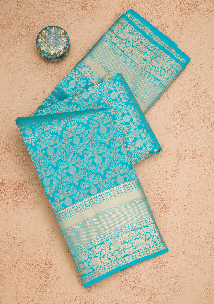 Turquoise Blue Zariwork Pure Silk Saree
