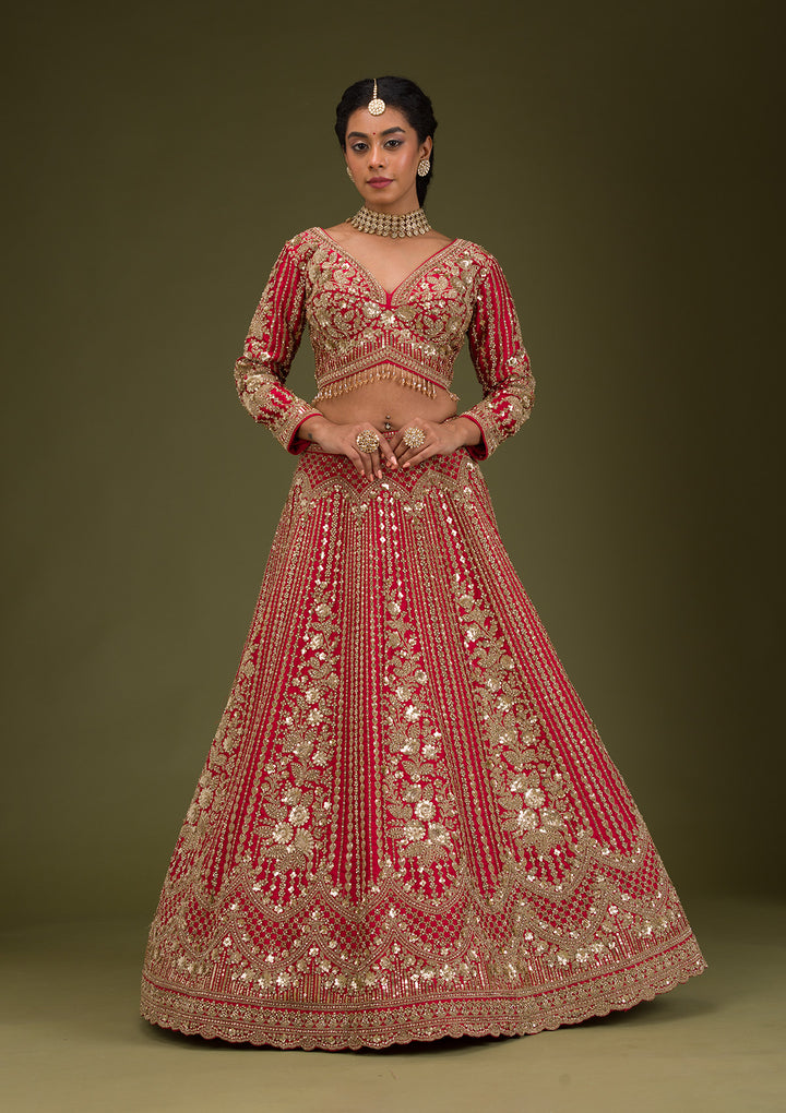 Maroon Zariwork Raw Silk Readymade Lehenga