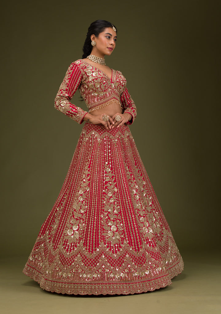 Maroon Zariwork Raw Silk Readymade Lehenga