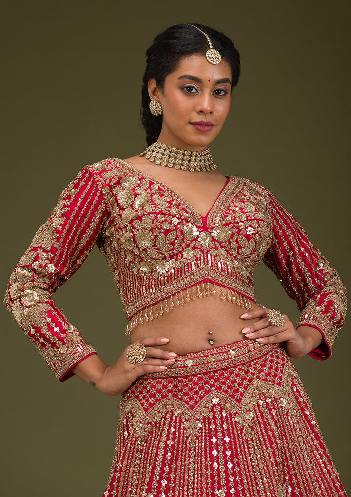 Maroon Zariwork Raw Silk Readymade Lehenga