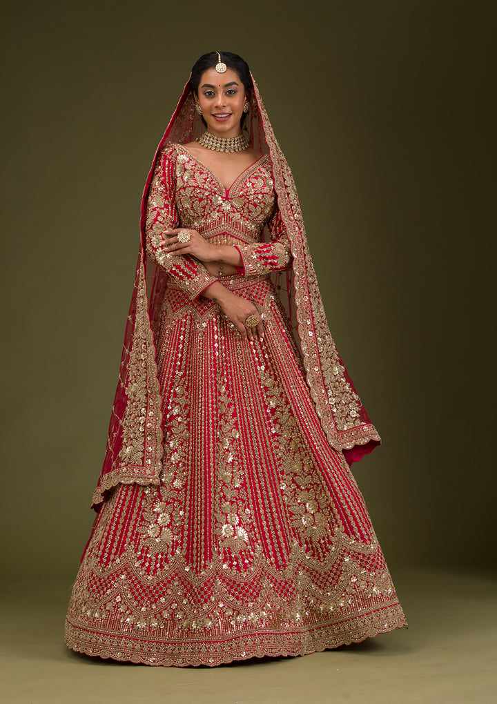 Maroon Zariwork Raw Silk Readymade Lehenga