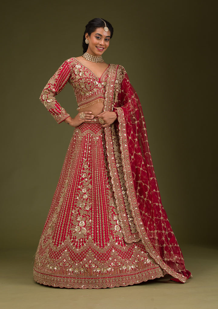 Maroon Zariwork Raw Silk Readymade Lehenga