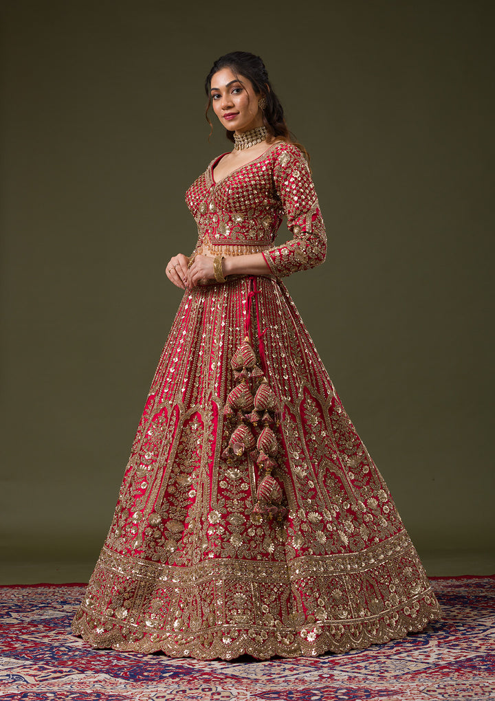 Maroon Zariwork Raw Silk Readymade Lehenga