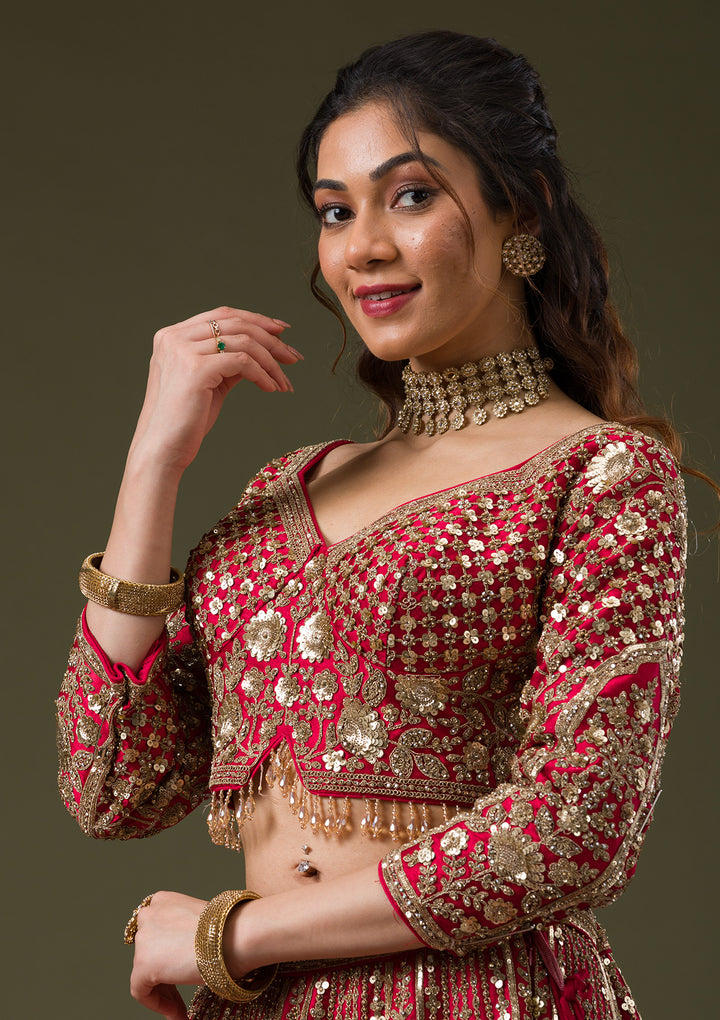 Maroon Zariwork Raw Silk Readymade Lehenga