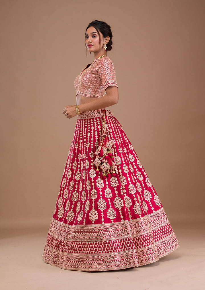 Maroon Zariwork Raw Silk Semi Stitched Lehenga