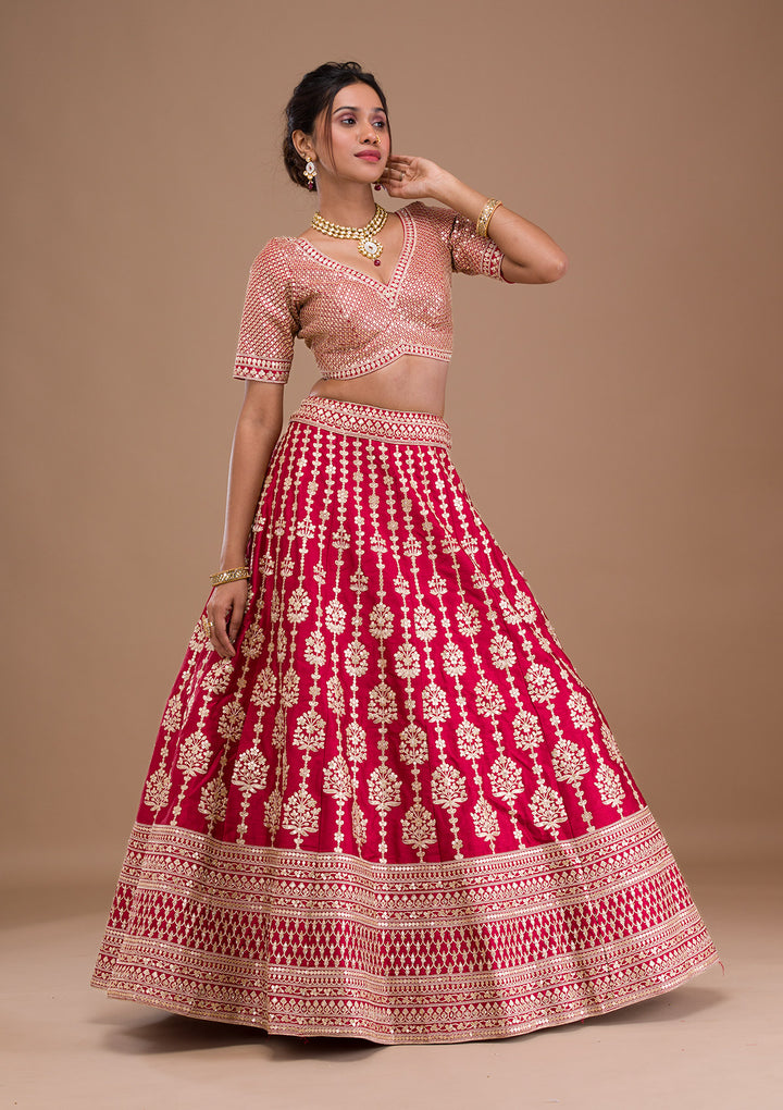 Maroon Zariwork Raw Silk Semi Stitched Lehenga