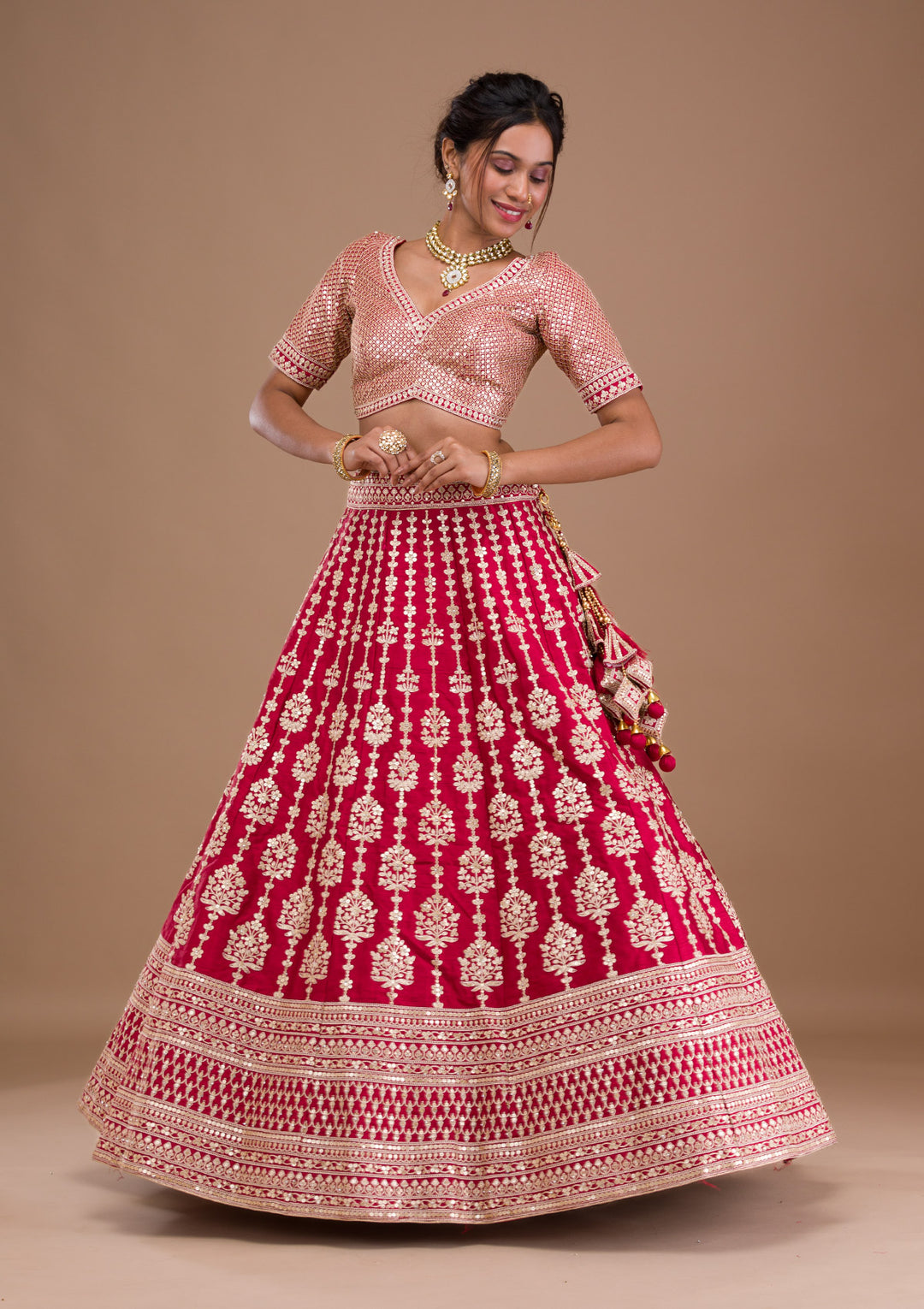 Maroon Zariwork Raw Silk Semi Stitched Lehenga