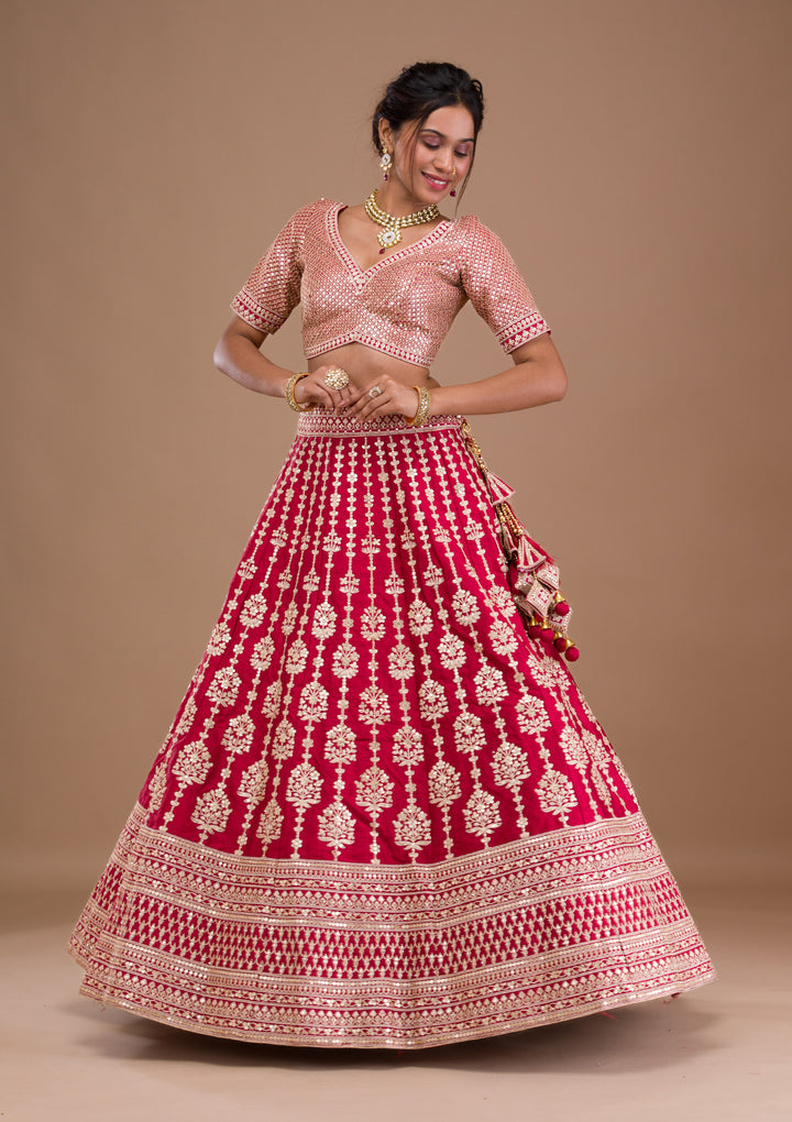 Maroon Zariwork Raw Silk Semi Stitched Lehenga