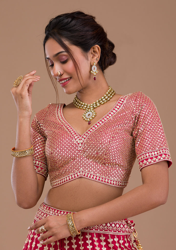 Maroon Zariwork Raw Silk Semi Stitched Lehenga