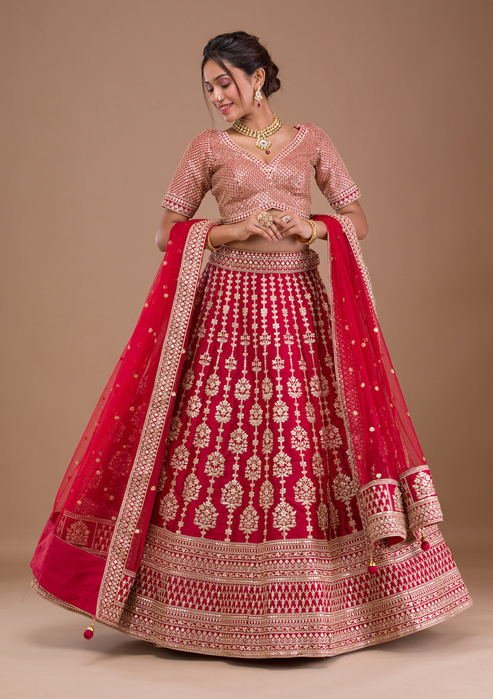 Maroon Zariwork Raw Silk Semi Stitched Lehenga