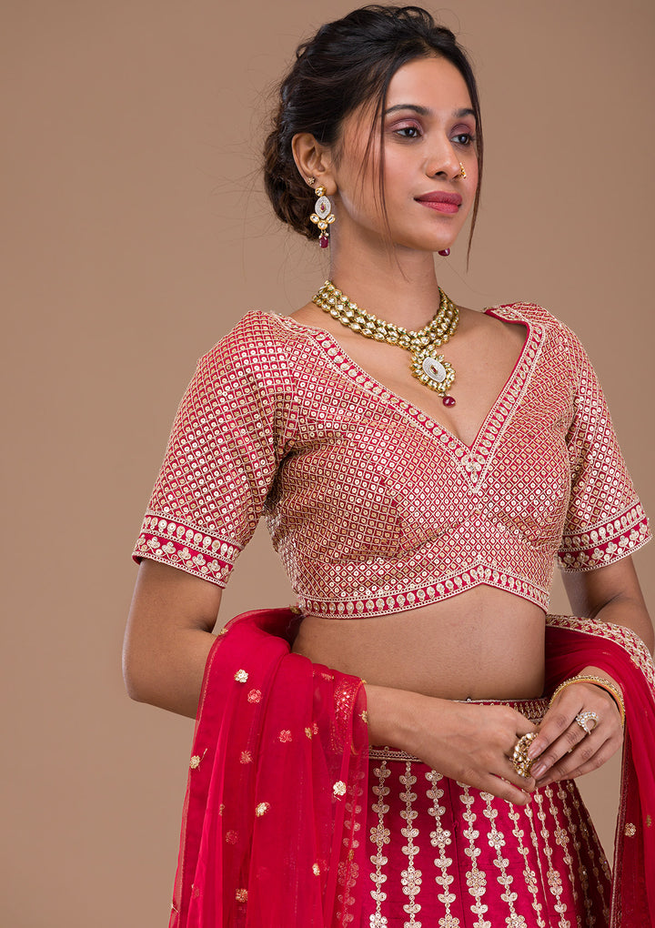 Maroon Zariwork Raw Silk Semi Stitched Lehenga