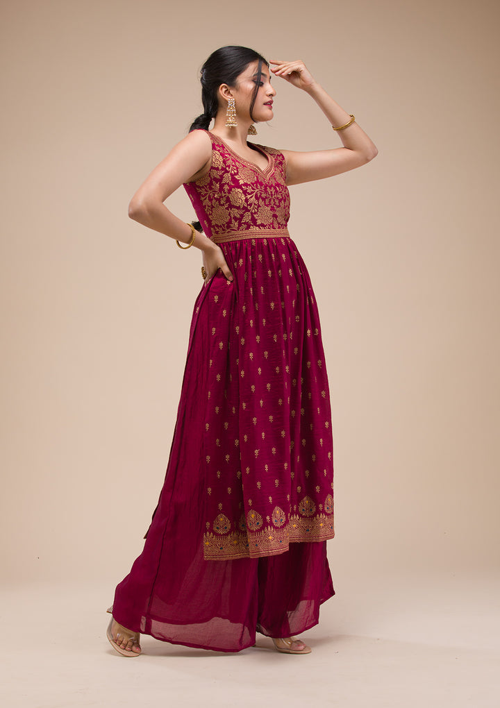 Maroon Zariwork Raw Silk Readymade Salwar Suit