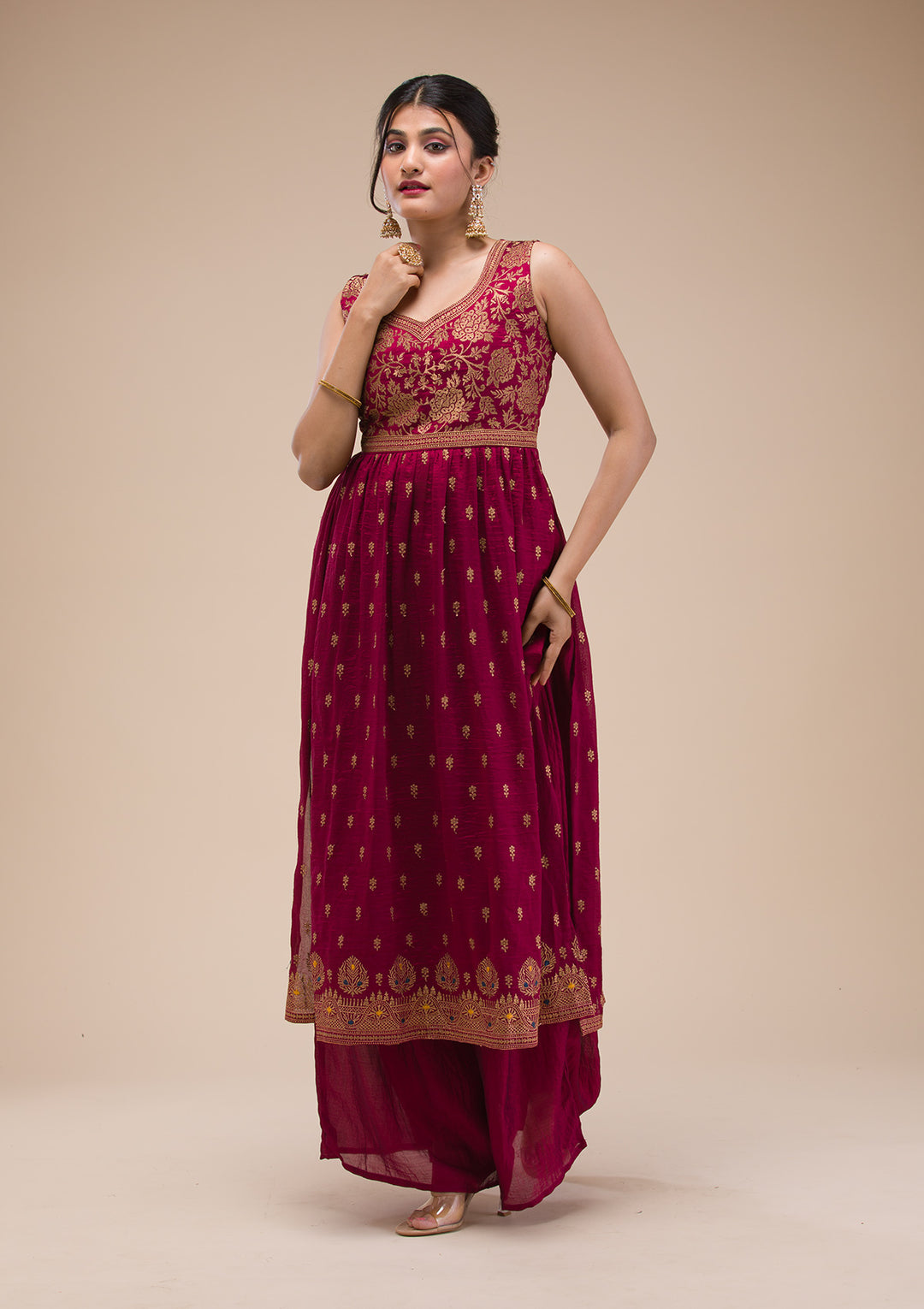 Maroon Zariwork Raw Silk Readymade Salwar Suit