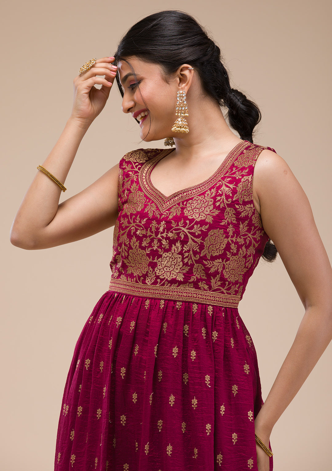 Maroon Zariwork Raw Silk Readymade Salwar Suit