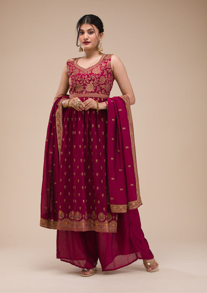 Maroon Zariwork Raw Silk Readymade Salwar Suit