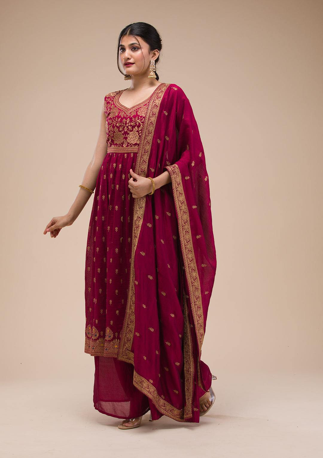 Maroon Zariwork Raw Silk Readymade Salwar Suit