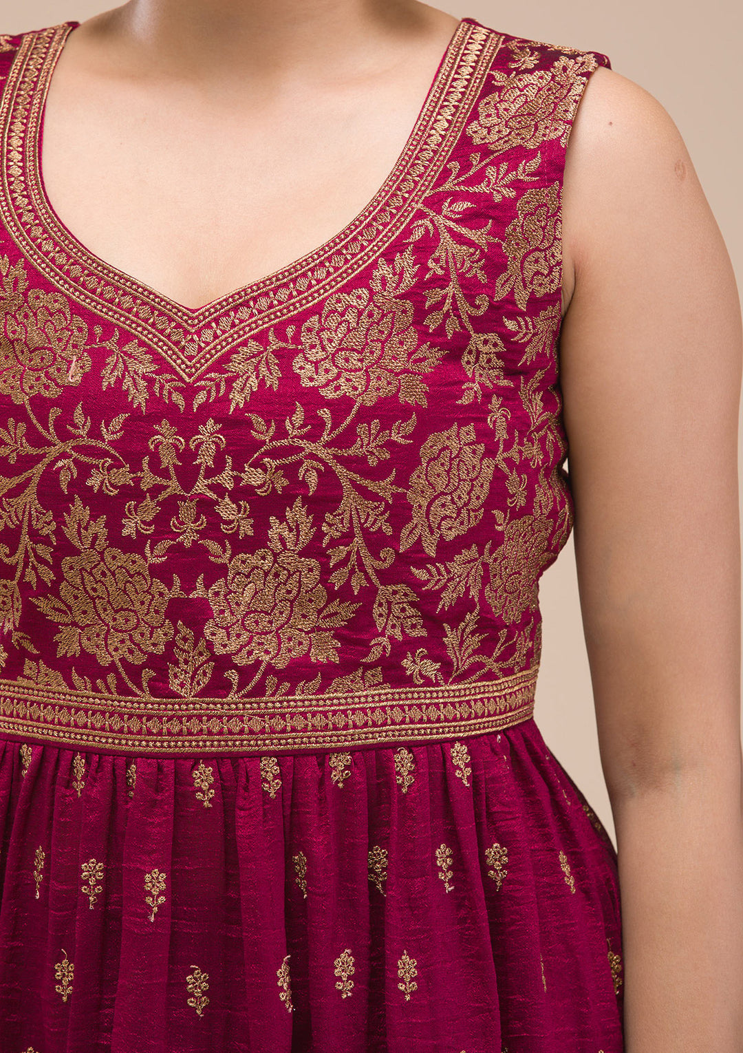 Maroon Zariwork Raw Silk Readymade Salwar Suit