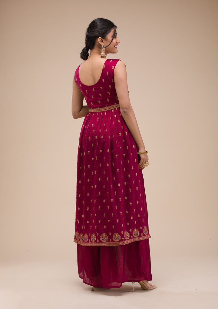 Maroon Zariwork Raw Silk Readymade Salwar Suit