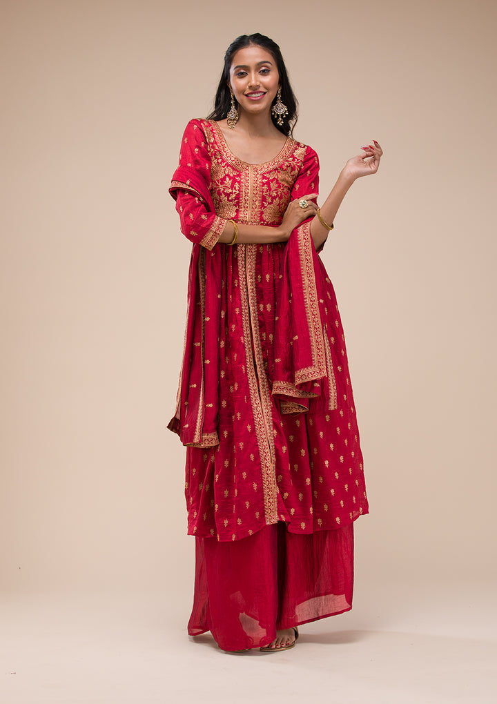 Maroon Zariwork Raw Silk Readymade Salwar Suit