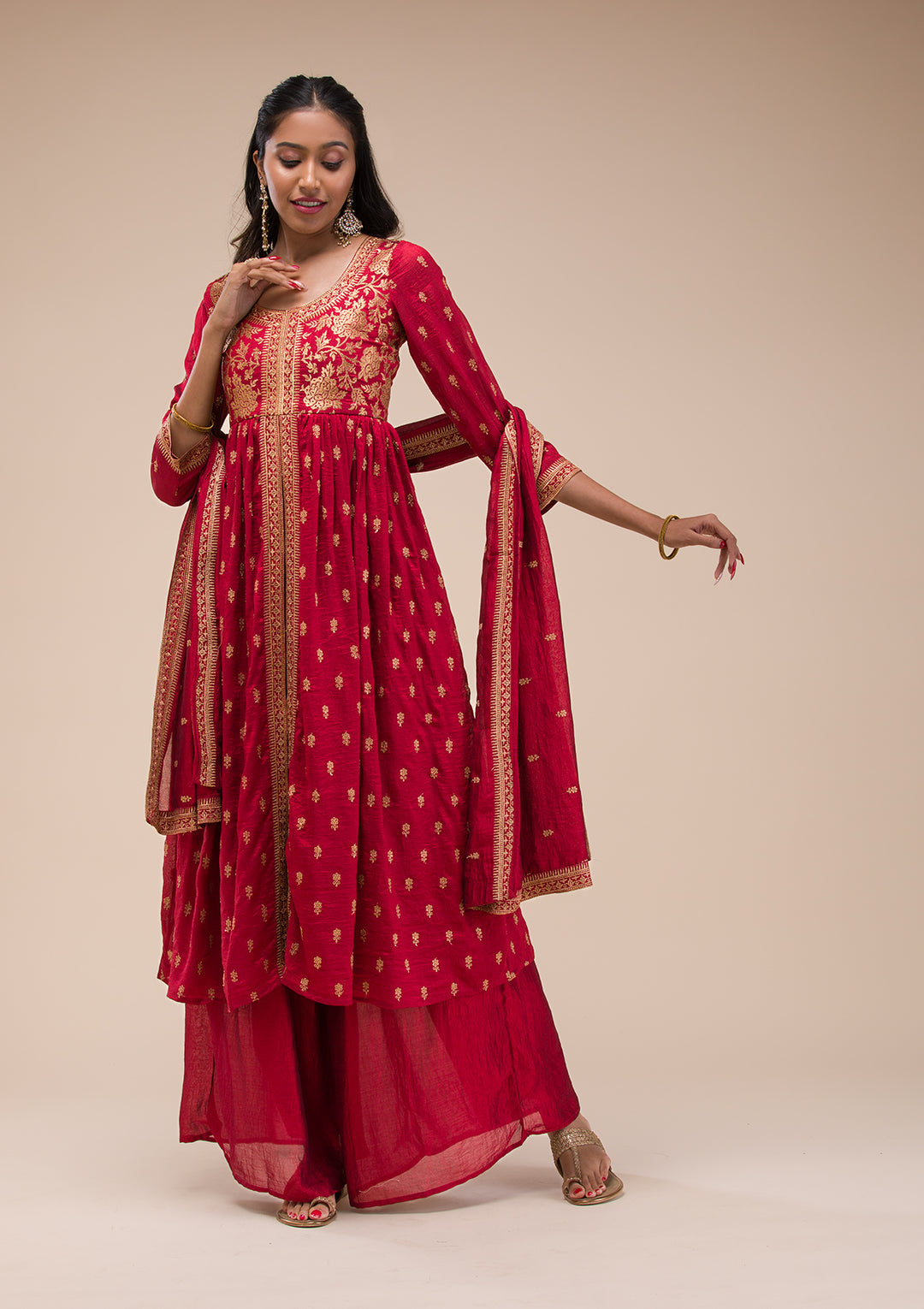 Maroon Zariwork Raw Silk Readymade Salwar Suit