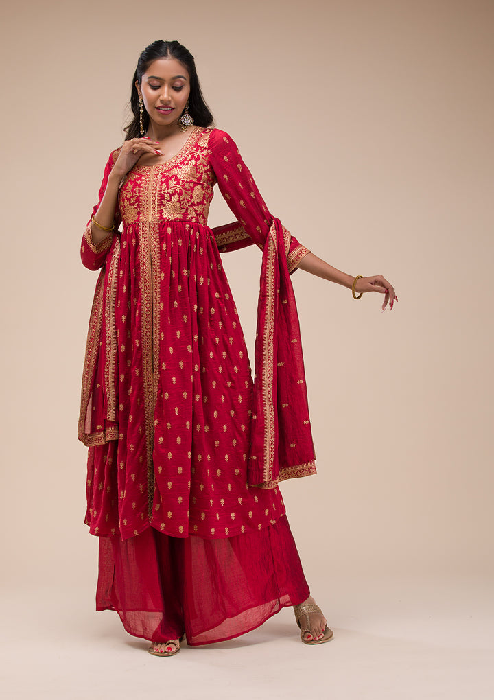 Maroon Zariwork Raw Silk Readymade Salwar Suit