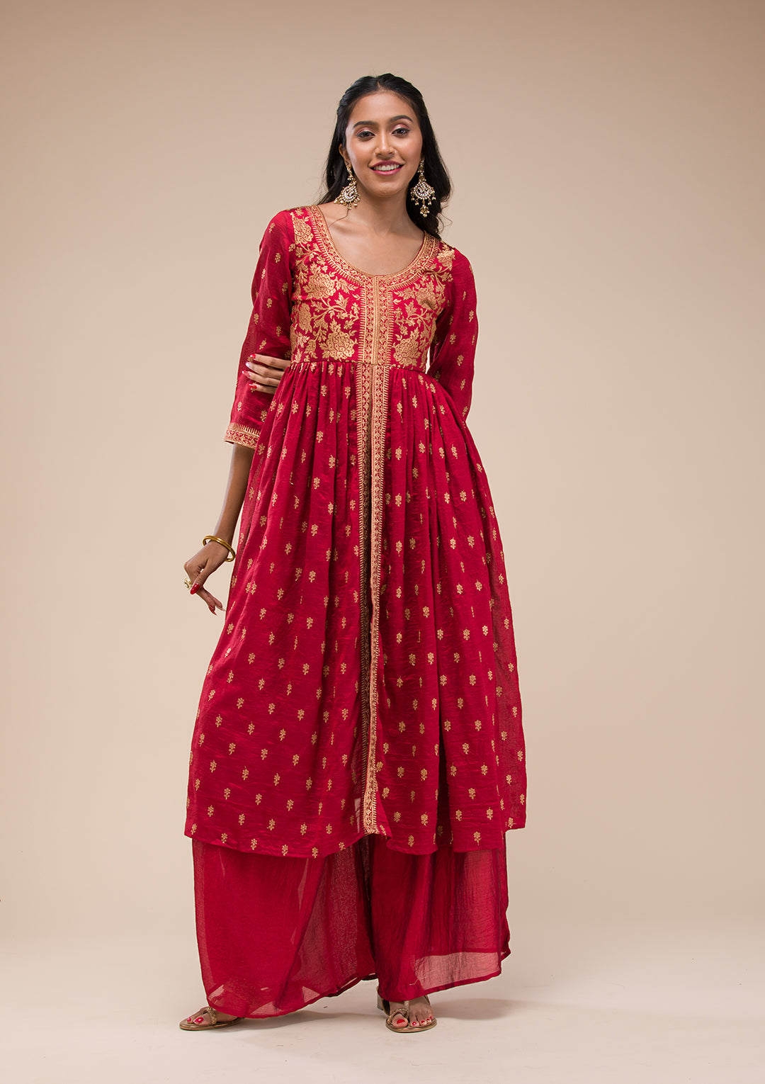 Maroon Zariwork Raw Silk Readymade Salwar Suit