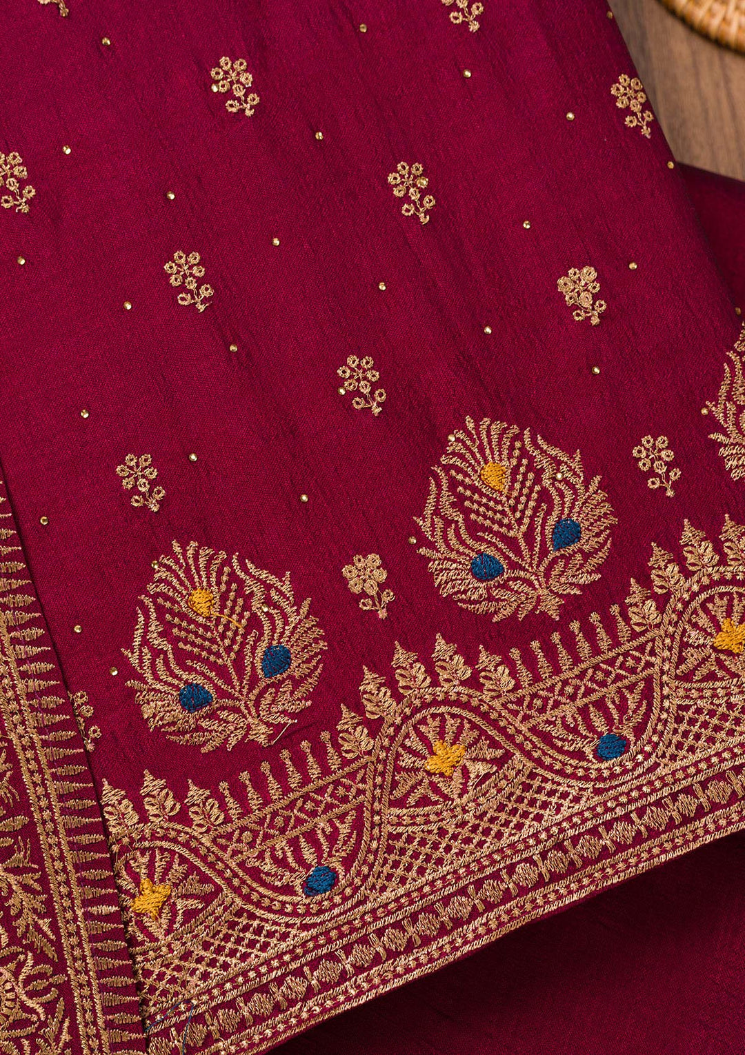 Maroon Zariwork Raw Silk Unstitched Salwar Suit