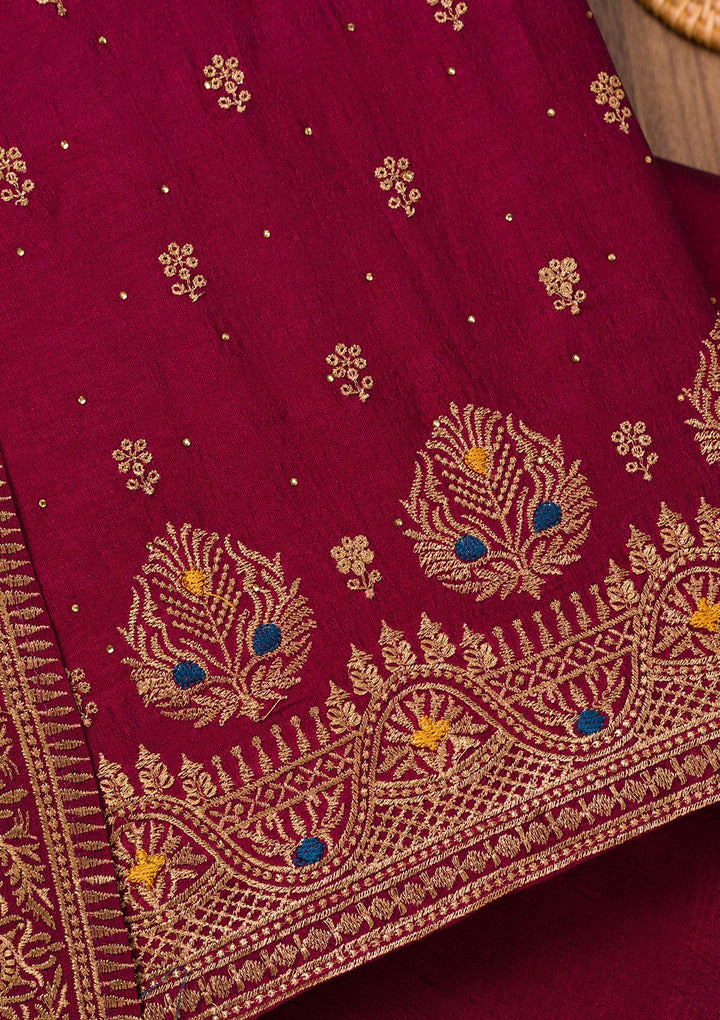 Maroon Zariwork Raw Silk Unstitched Salwar Suit