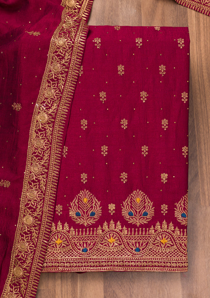 Maroon Zariwork Raw Silk Unstitched Salwar Suit