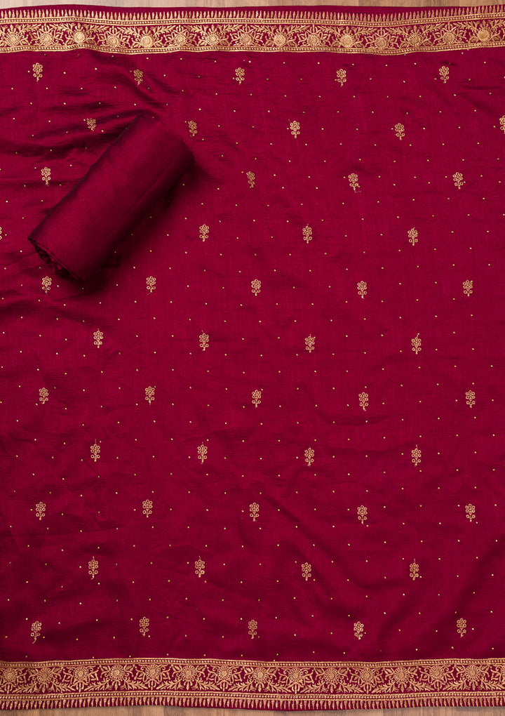 Maroon Zariwork Raw Silk Unstitched Salwar Suit