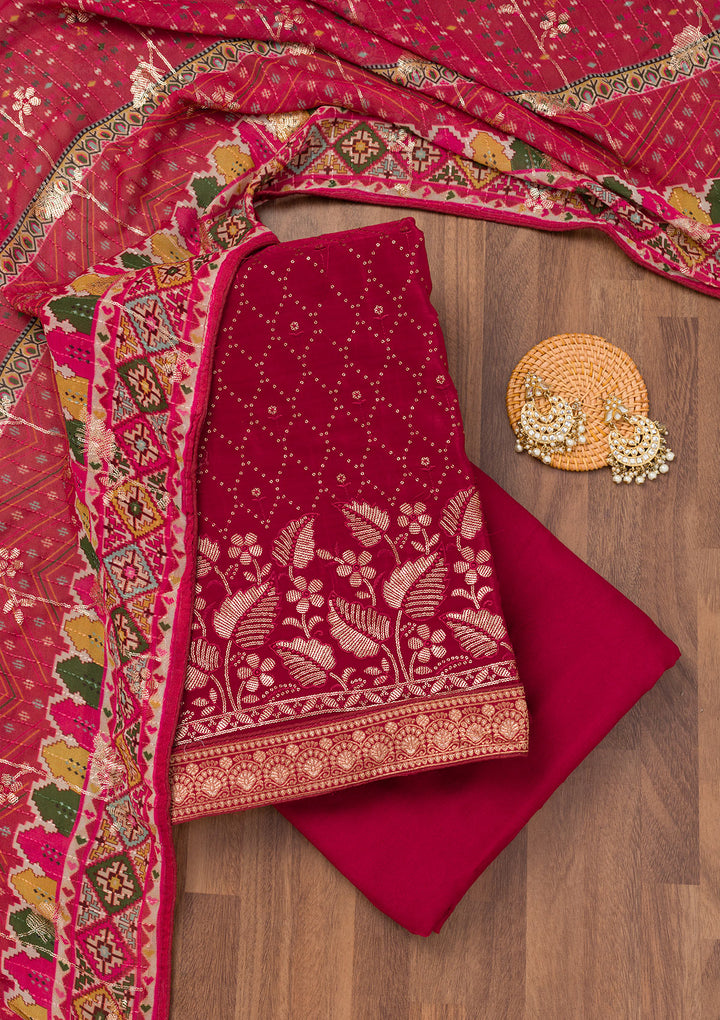 Maroon Zariwork Semi Crepe Unstitched Salwar Suit