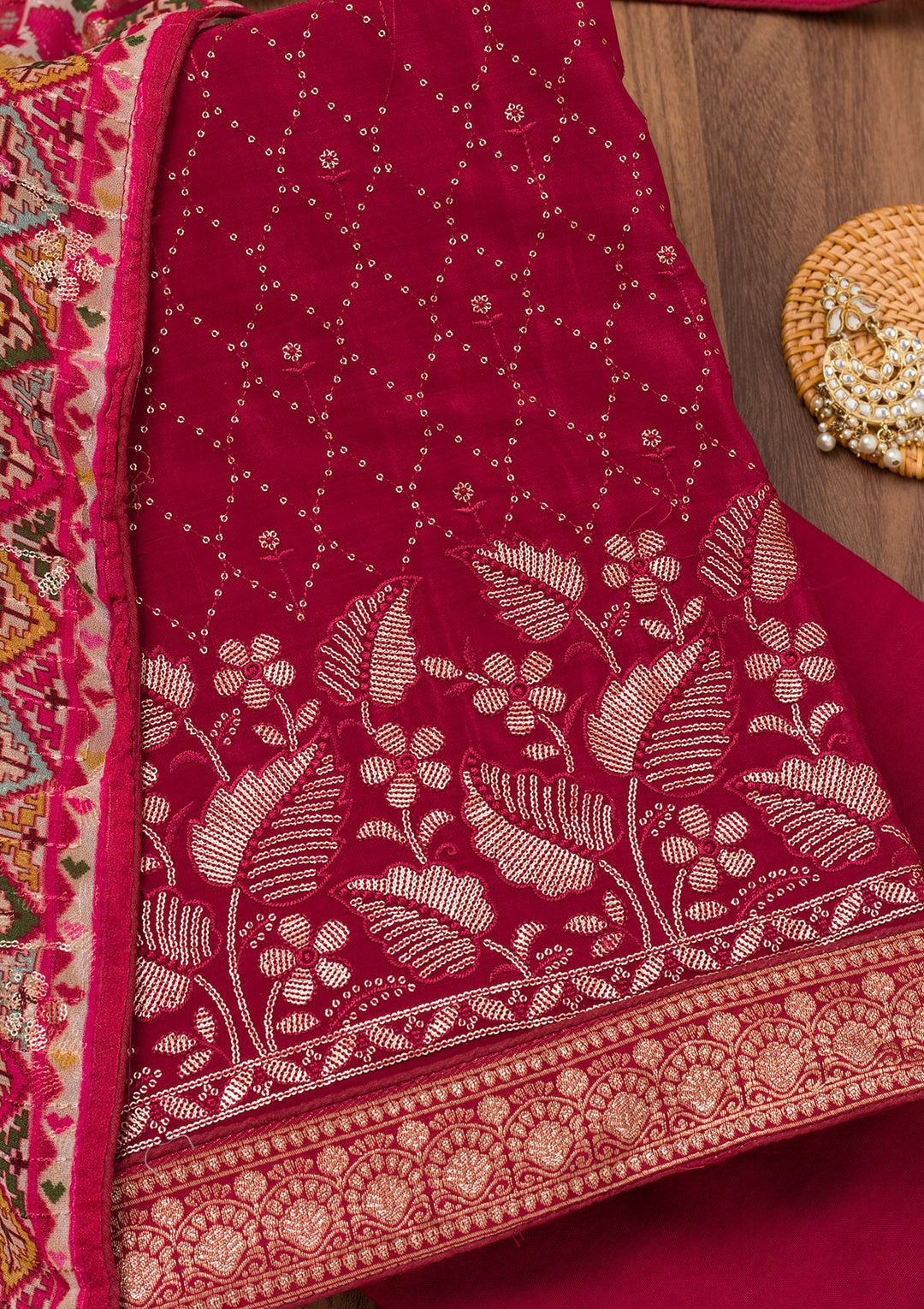 Maroon Zariwork Semi Crepe Unstitched Salwar Suit