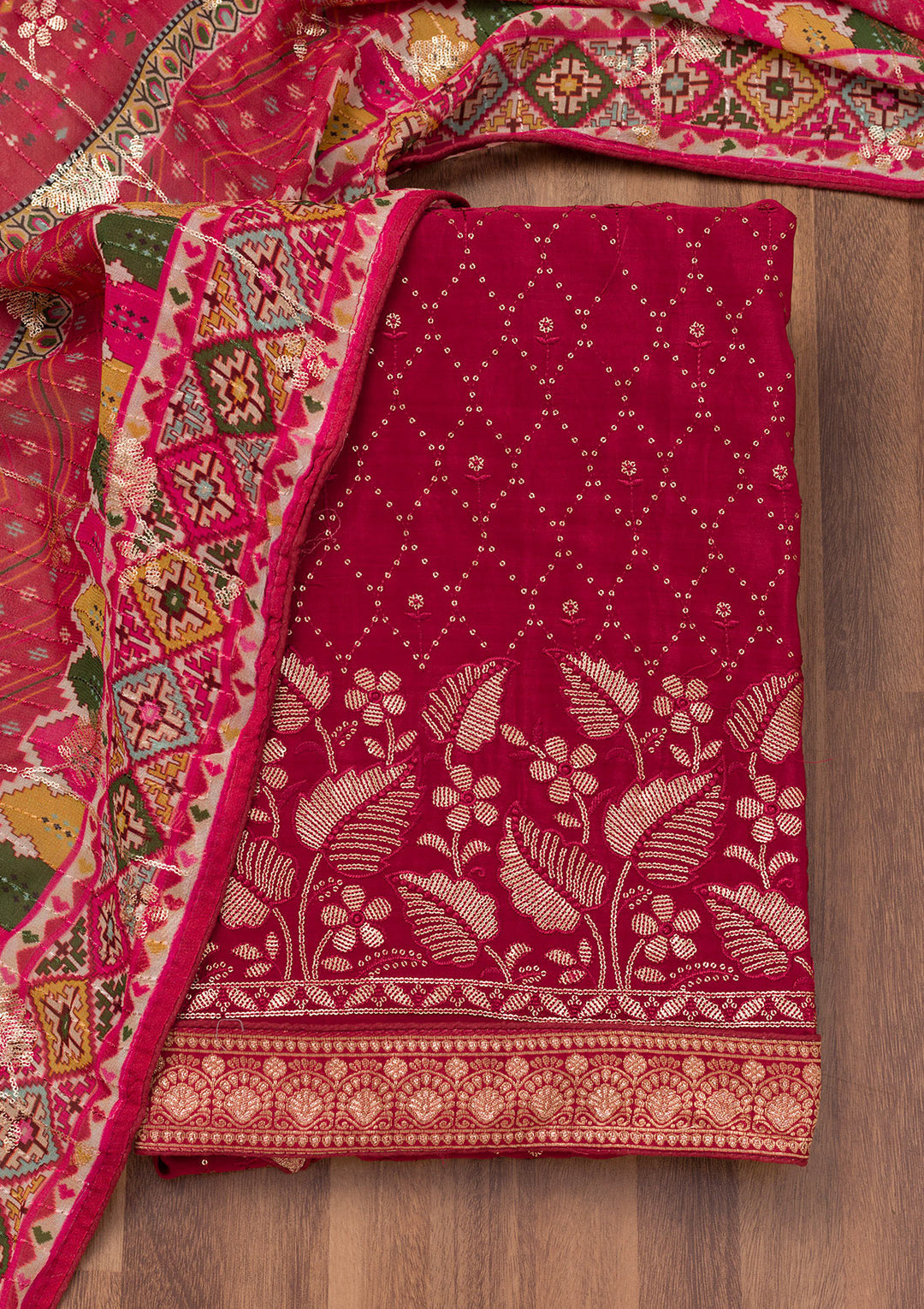 Maroon Zariwork Semi Crepe Unstitched Salwar Suit