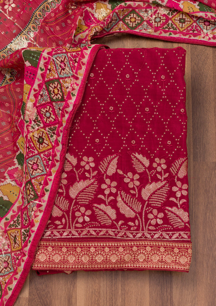 Maroon Zariwork Semi Crepe Unstitched Salwar Suit