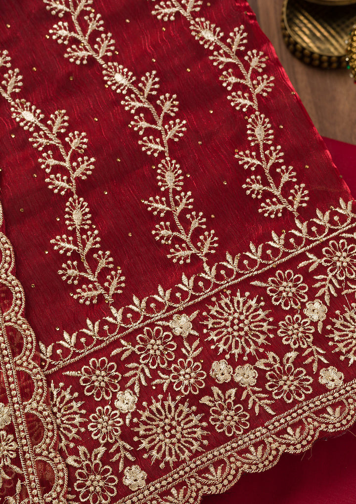 Maroon Zariwork Semi Crepe Unstitched Salwar Suit