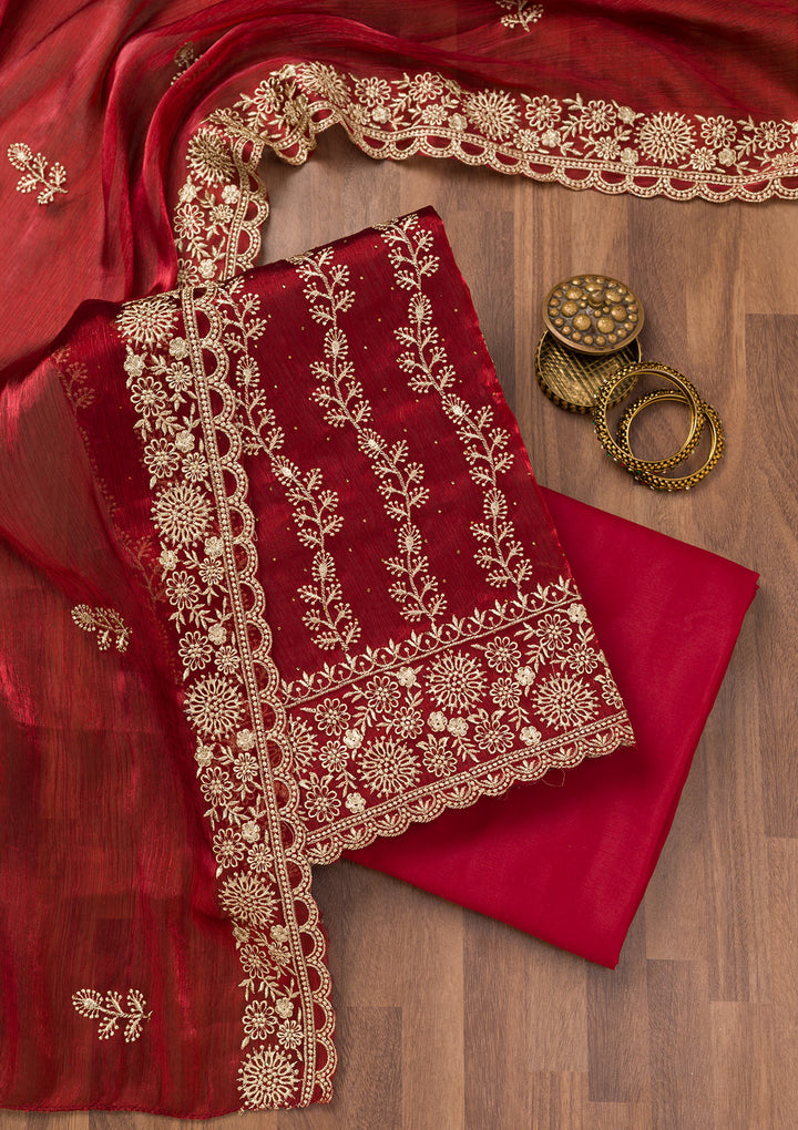 Maroon Zariwork Semi Crepe Unstitched Salwar Suit