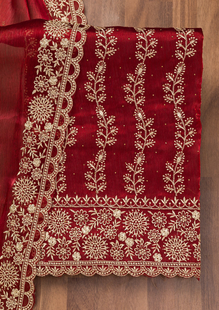 Maroon Zariwork Semi Crepe Unstitched Salwar Suit