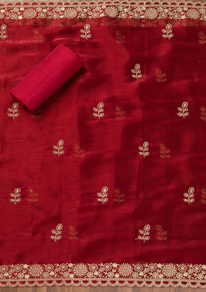 Maroon Zariwork Semi Crepe Unstitched Salwar Suit