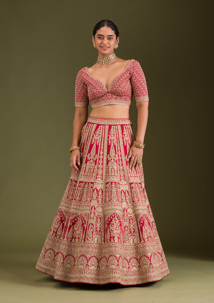 Maroon Zariwork Silk Semi Stitched Lehenga