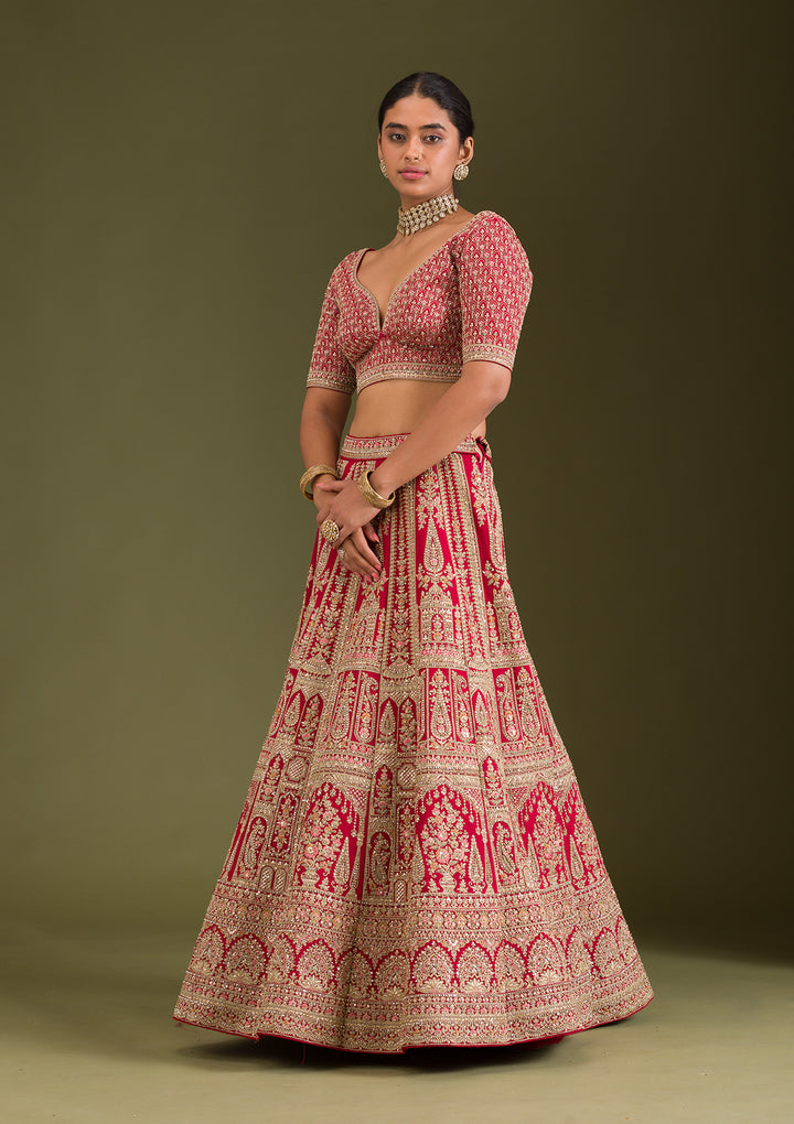 Maroon Zariwork Silk Semi Stitched Lehenga