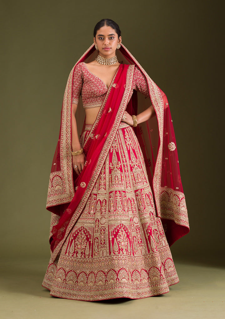 Maroon Zariwork Silk Semi Stitched Lehenga