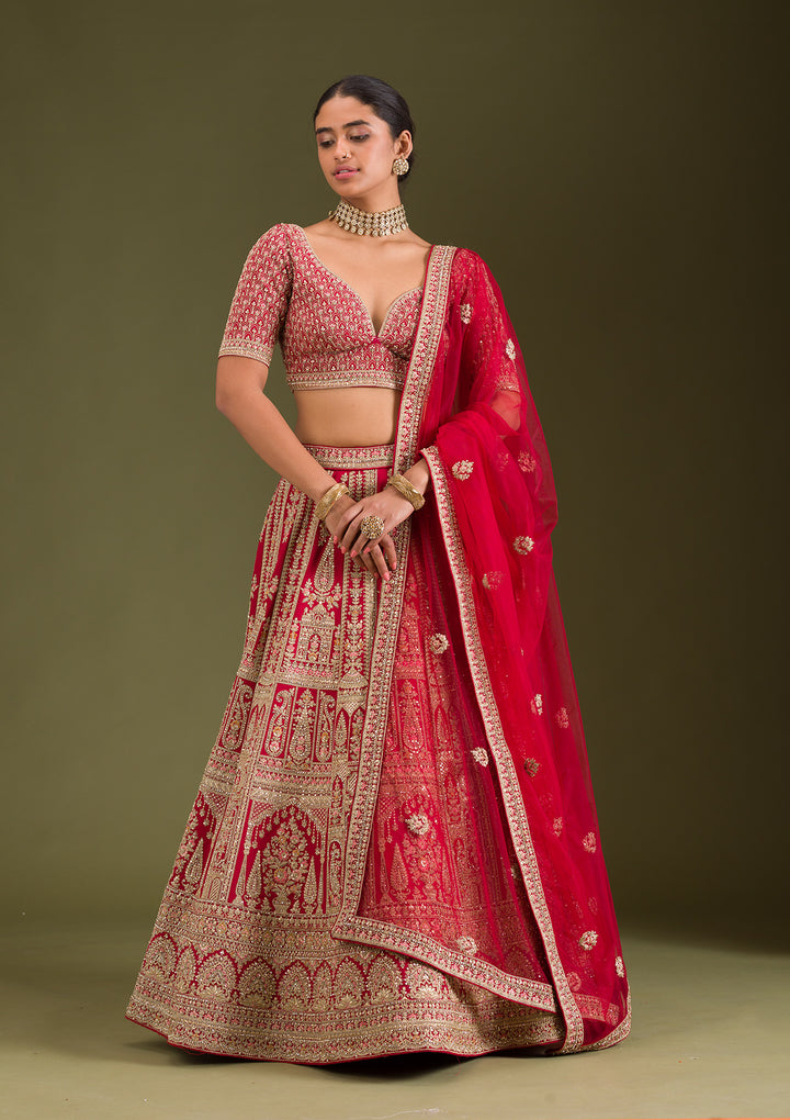 Maroon Zariwork Silk Semi Stitched Lehenga