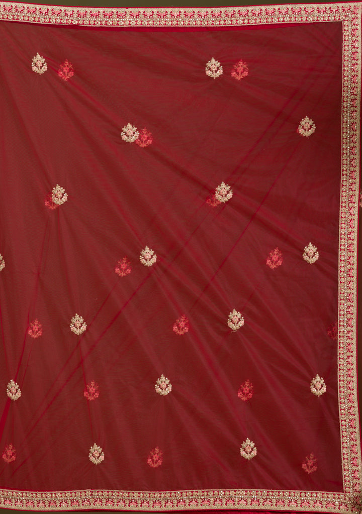 Maroon Zariwork Silk Semi Stitched Lehenga